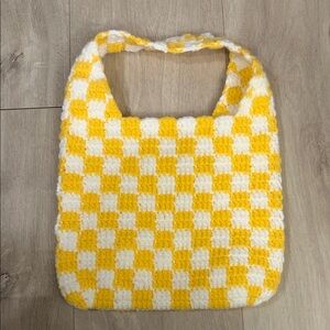 Handmade Yellow and White Checkered Knit Tote